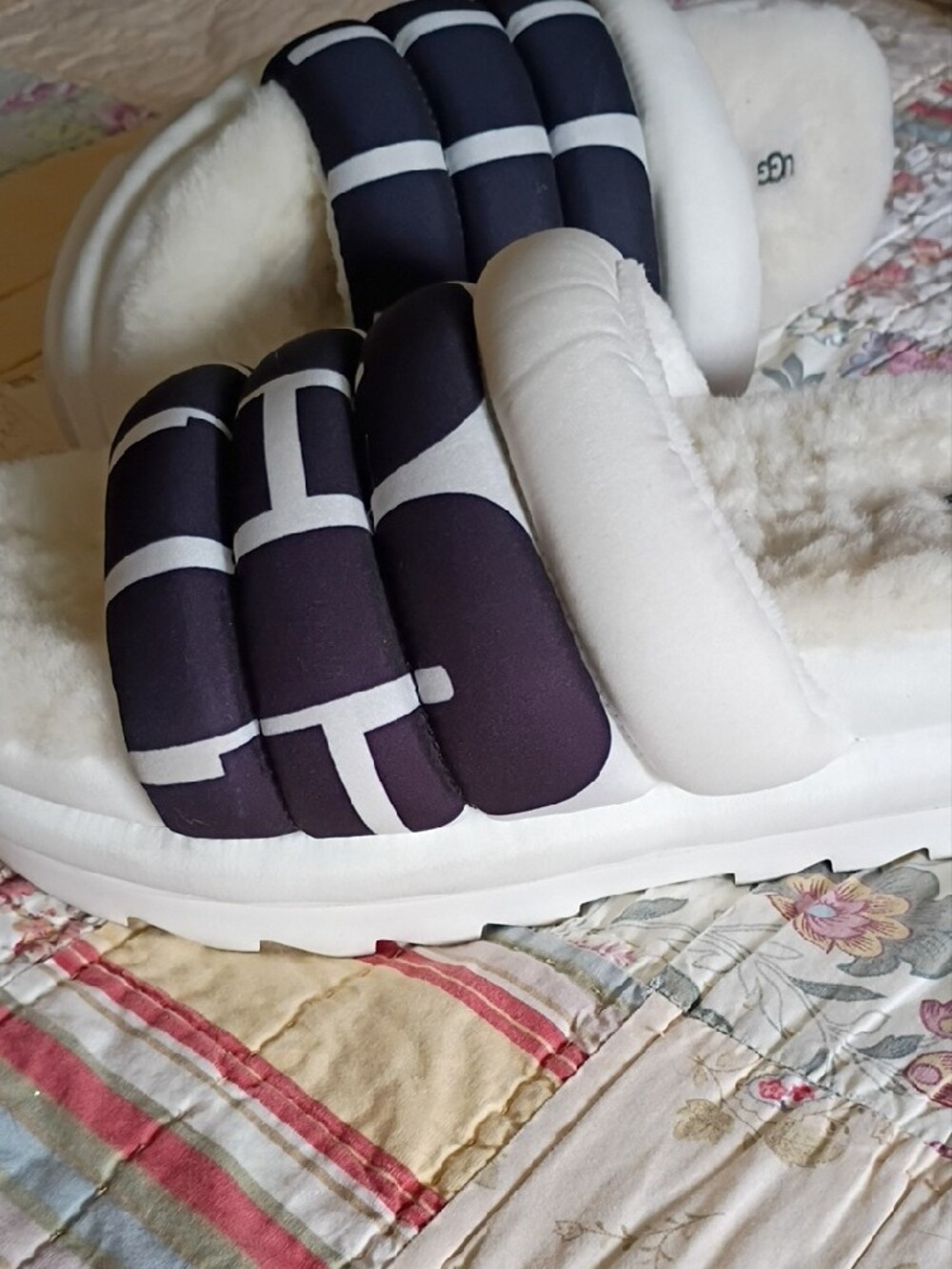 UGG Women's White and Black Quilted Shearling Slide Slippers
